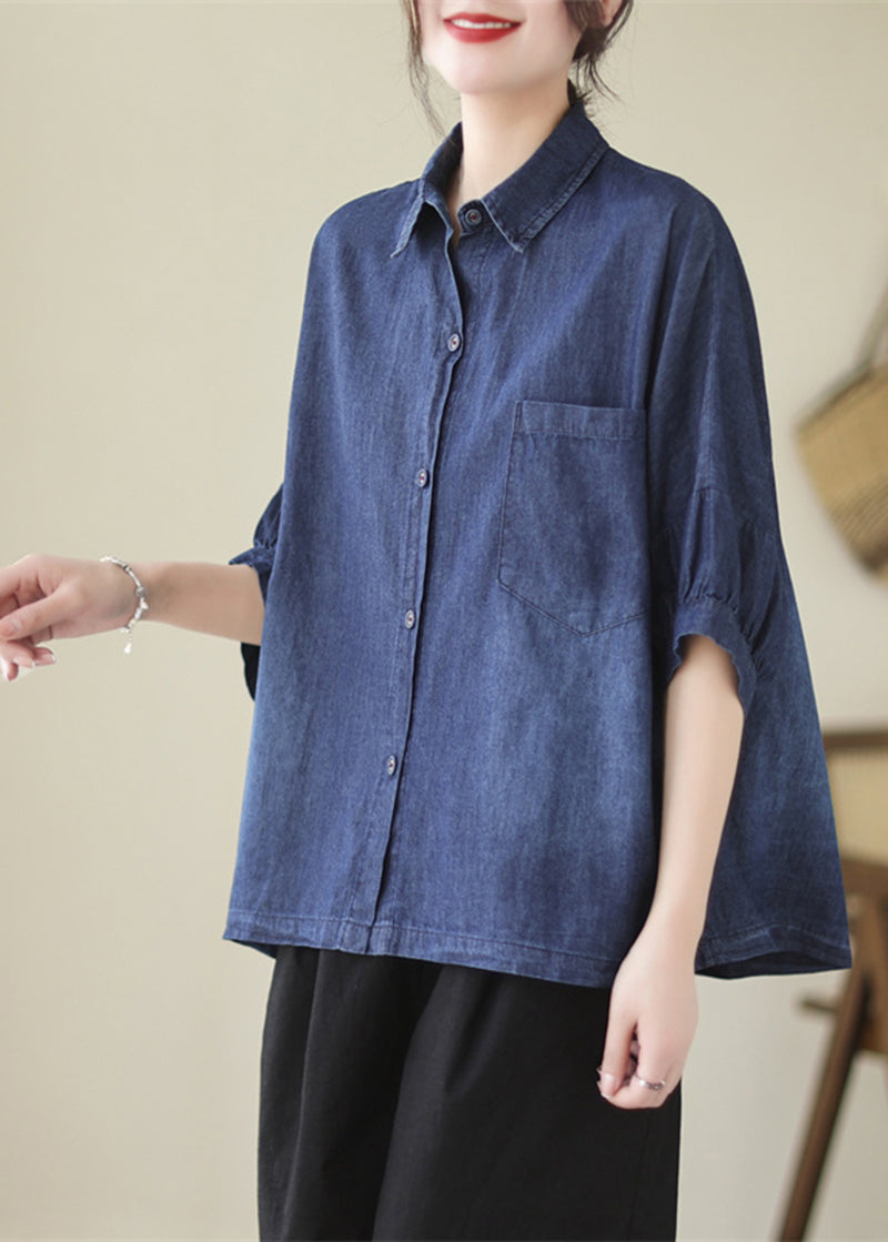 Navy Oversized Washed Denim Blouses Batwing Sleeve
