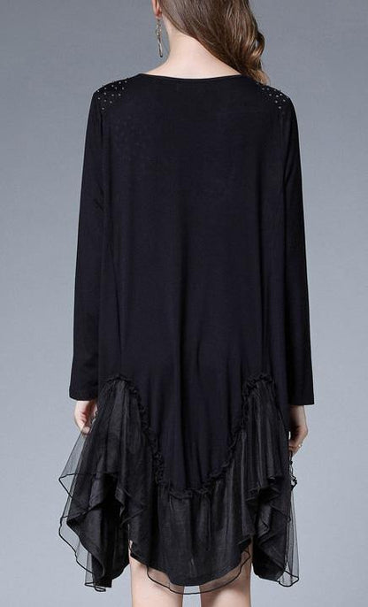 Simple Black Cotton Patchwork Spring Ankle Dress