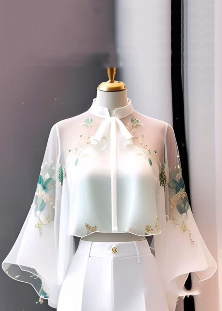 Chinese Style White Stand Collar Embroidered Chiffon Flare Sleeve Fall