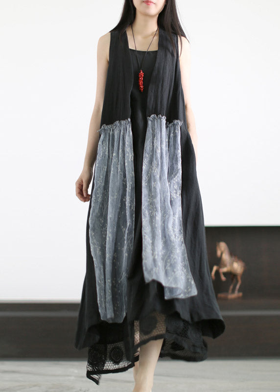 Black Print Silk Patchwork Linen Waistcoat and Spaghetti Strap Dress Two Piece Set Summer