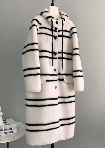 Italian White Striped Button Woolen Long Hooded Coat Winter