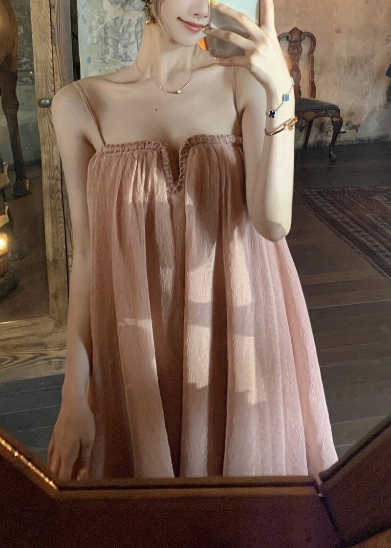Pink Wrinkled Tulle Spaghetti Strap Dress Summer