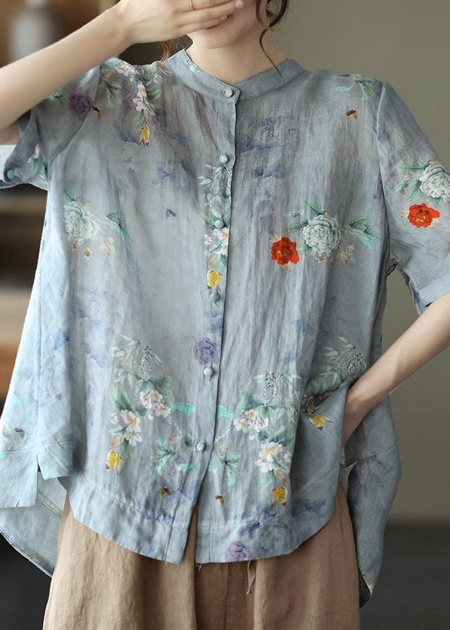 Yellow Flower Print Cotton Shirts Low High Design Short Sleeve