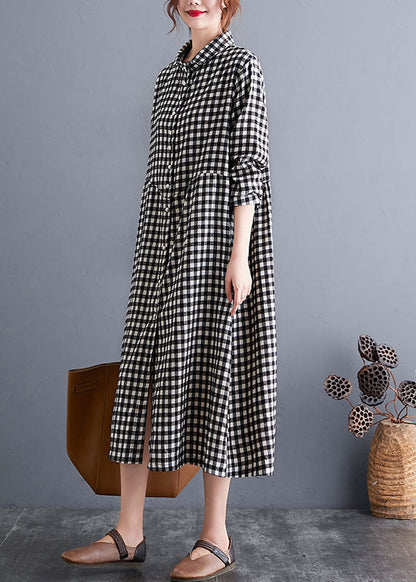 Classy Black Peterpan Collar Plaid Cotton Long Dress Spring