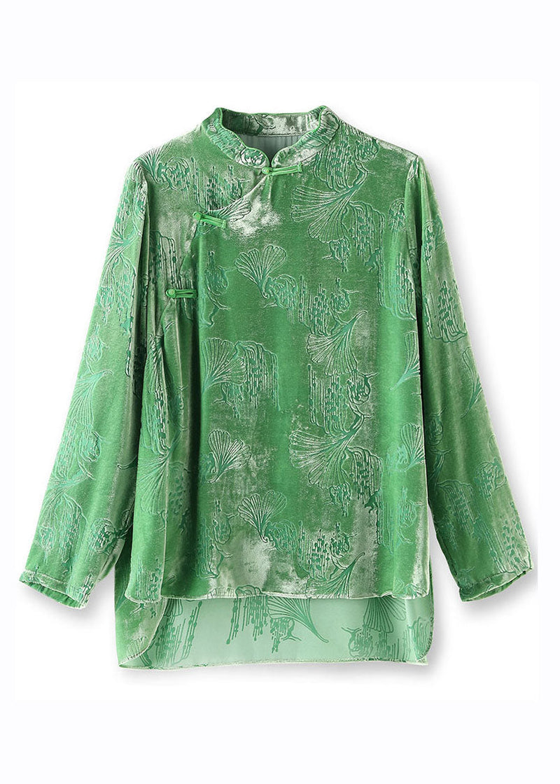 Green Stand Collar Low High Design Silk Velour Tops Long Sleeve