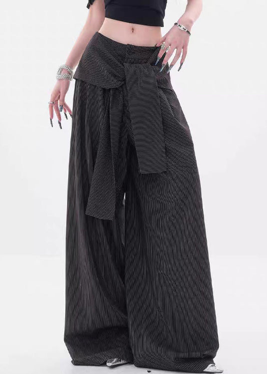 Black Striped Button Spandex Fall Pants High Waist