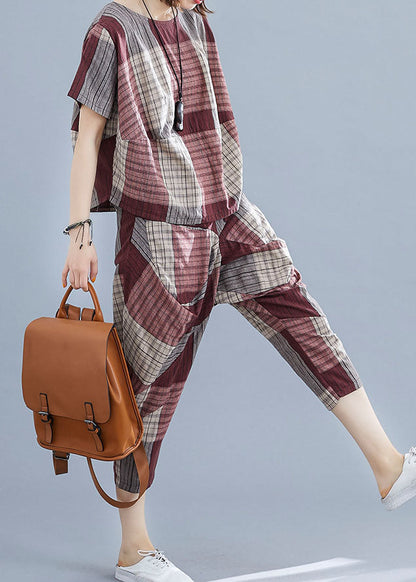 Diy Mulberry Plaid O-neck Cotton Tops and Pants Two Pieces Summer