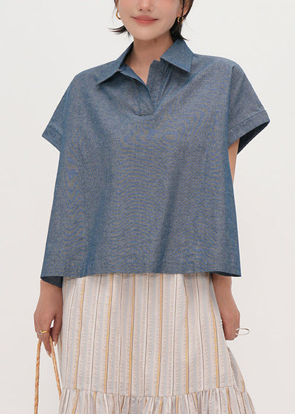Blue Peter Pan Collar Oversized Cotton Shirts Summer