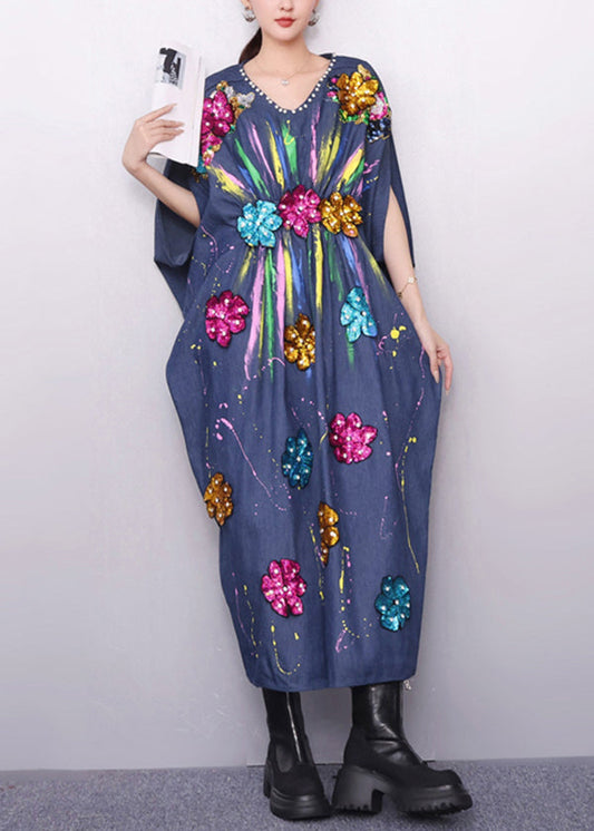 Vibrant Pattern Navy Denim Dress Zircon Accents