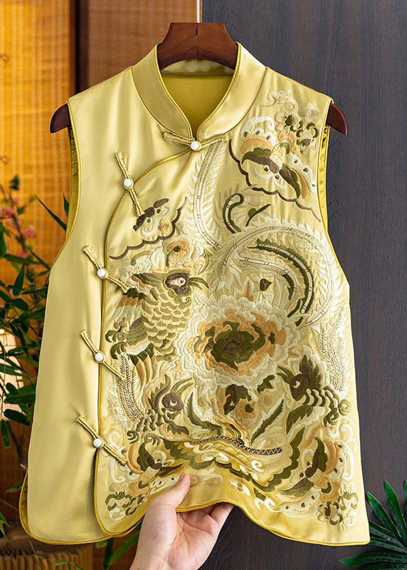 Yellow Stand Collar Embroideried Side Open Silk Waistcoat Fall