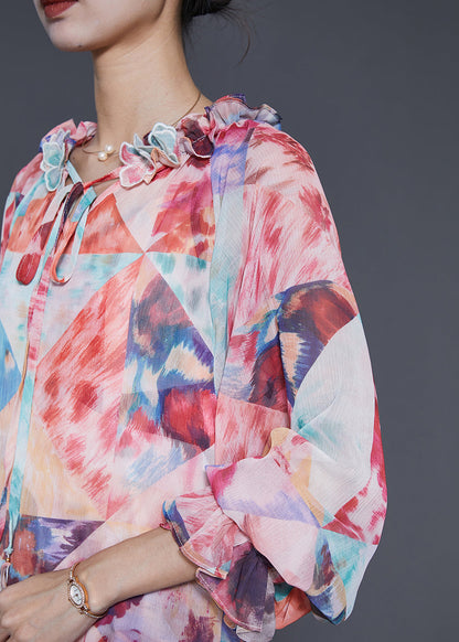 Orange Ruffled Print Chiffon Mid Dress Spring