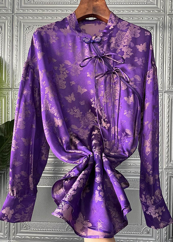 French Purple Stand Collar Print Bow Silk Shirt Tops Long Sleeve