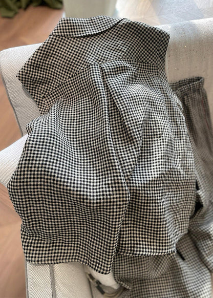 New Plaid Button Cotton Two Pieces Set Sleeveless