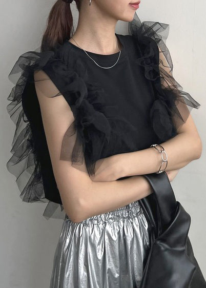 Black O-neck Patchwork Tulle Vests Summer