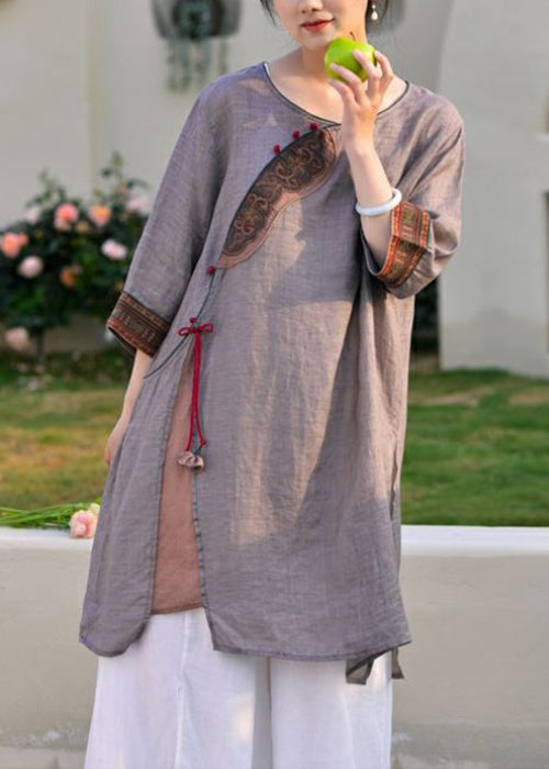 Light Purple Side Open Tasseled Linen Shirt Half Sleeve