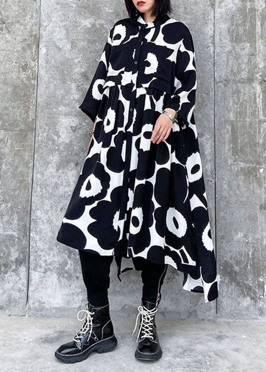 Black Wrinkled Asymmetrical Print Chiffon Dress Spring