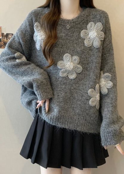 Simple Grey Oversized Knit Sweaters Winter