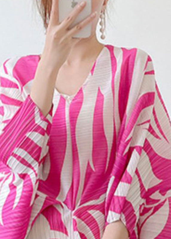 Diy Rose V Neck Print Wrinkled Maxi Dress Batwing Sleeve