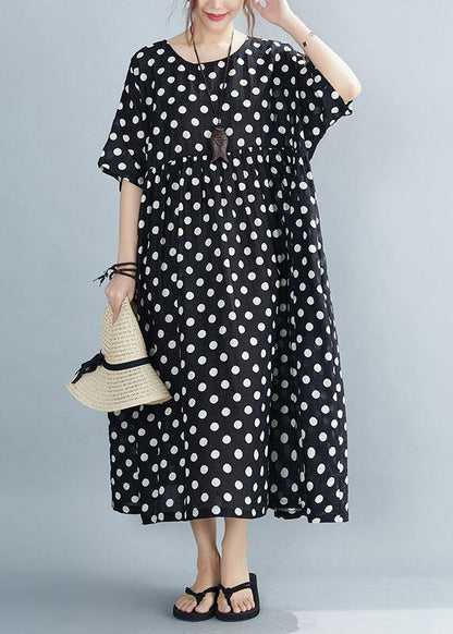 Black O-neck Dot Summer Maxi Dresses Half Sleeve