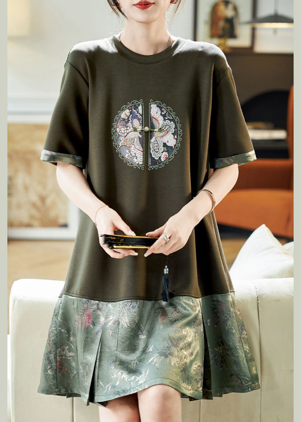 Boutique Blackish Green O Neck Jacquard Patchwork Cotton Dress Summer