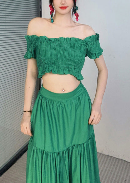 Green Slash Neck Ruffled Top and Maxi Skirts Two Piece Set Summer