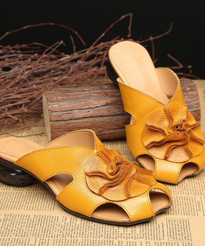 Splicing Yellow Cowhide Leather Slide Sandals