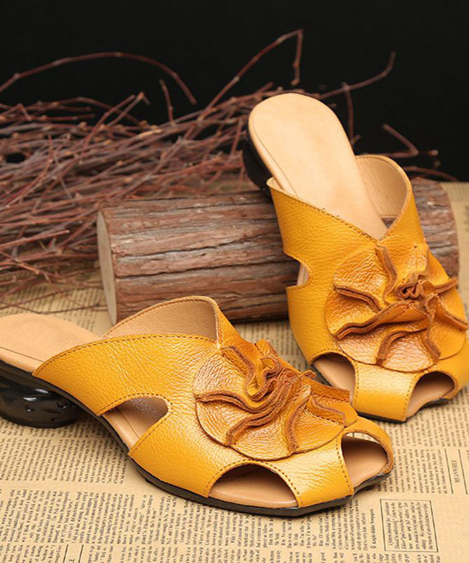 Splicing Yellow Cowhide Leather Slide Sandals