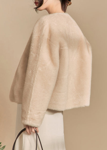 Apricot O-neck Button Fluffy Coats Winter