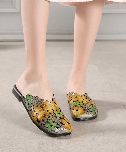 Green Cowhide Leather Hollow Out Slide Sandals for