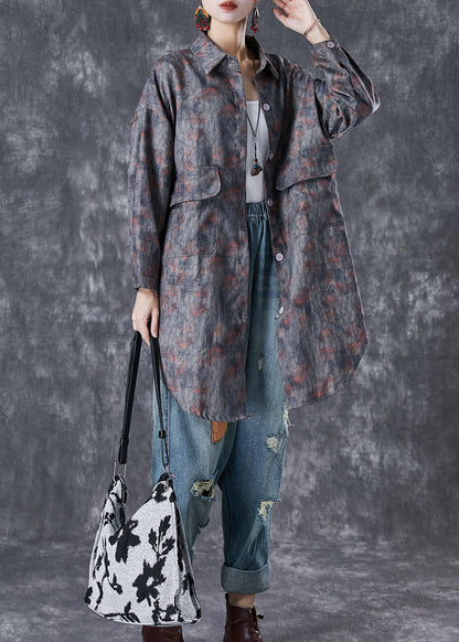 Grey Oversized Tie Dye Pockets Cotton Jackets Fall