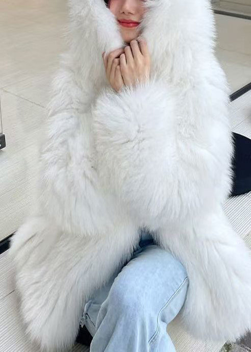 Blue Oversized Warm Fox Fur Hoodie Coat Winter