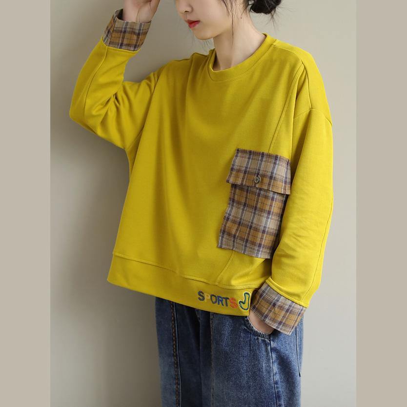 Unique Long Sleeve Cotton Embroidery Pockets Tunic Top Photography Yellow Blouse