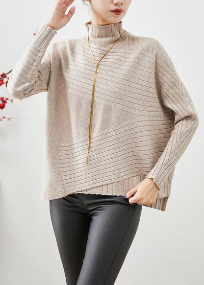 Beige High Neck Asymmetrical Knit Sweater Fall
