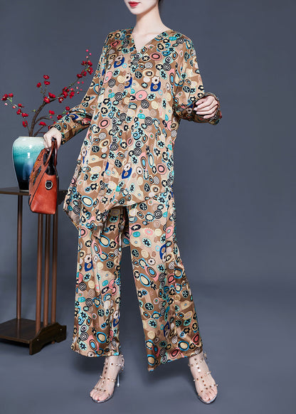 French Khaki Print Tie Waist Asymmetrical Design Silk Two-piece Set Summer