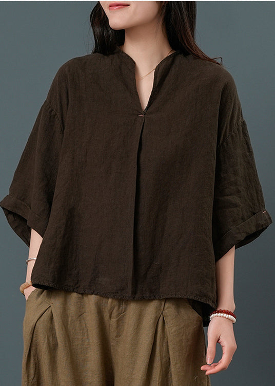 Chocolate V Neck Linen Two Pieces Set Summer