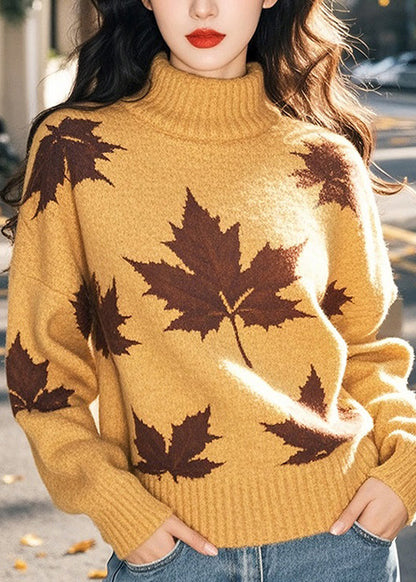 Yellow Hign Neck Thick Print Knit Sweaters Winter