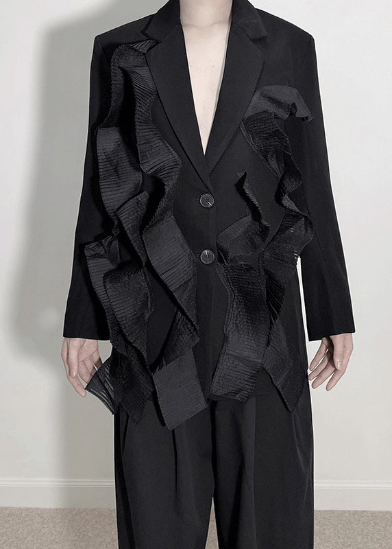 Unique Black V Neck Patchwork Coats and Wide Leg Pants Two Piece Set Long Sleeve