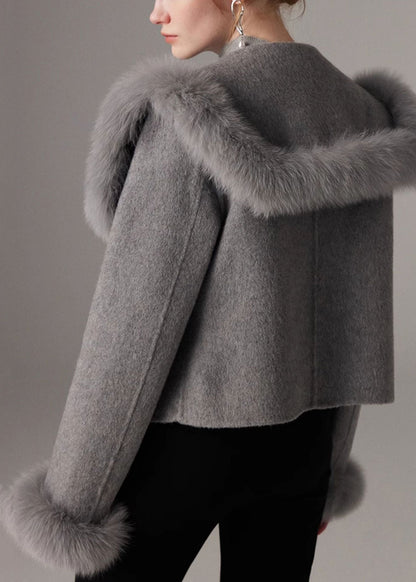 Grey Patchwork Wool Coat Peter Pan Collar Double Breast Winter