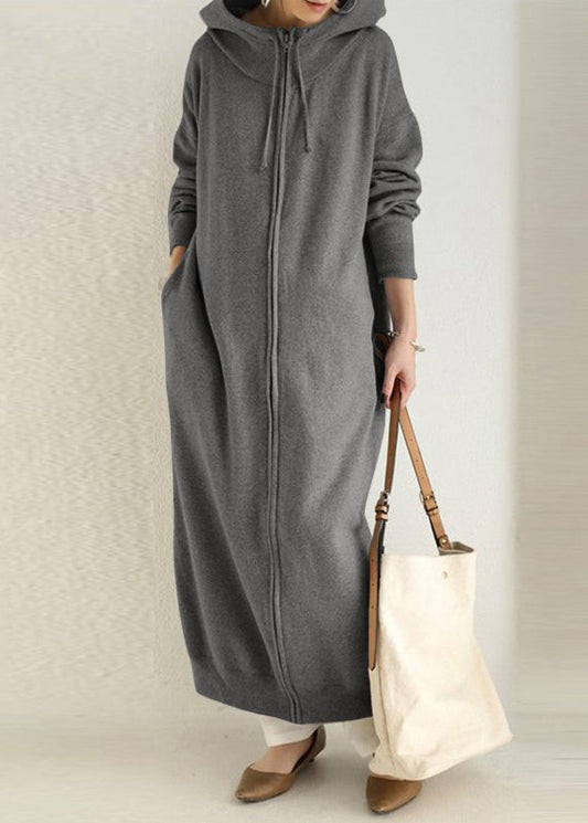 Loose Grey Hooded Zippered Pockets Cotton Long Coats Spring