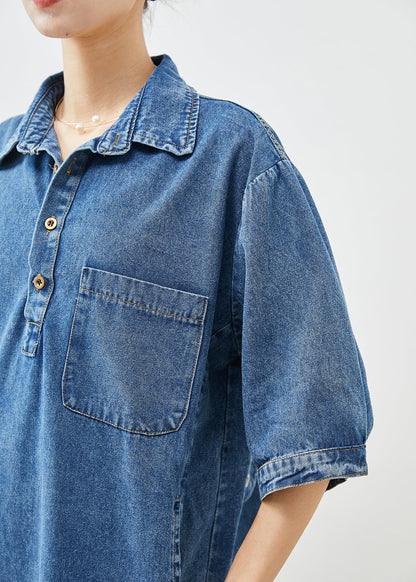 Blue Peter Pan Collar Cinched Denim Dress Half Sleeve