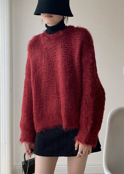 Loose Red Fluffy Knit Sweater Winter