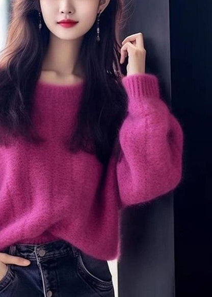 Simple Purple O Neck Cozy Cotton Knit Sweaters Long Sleeve