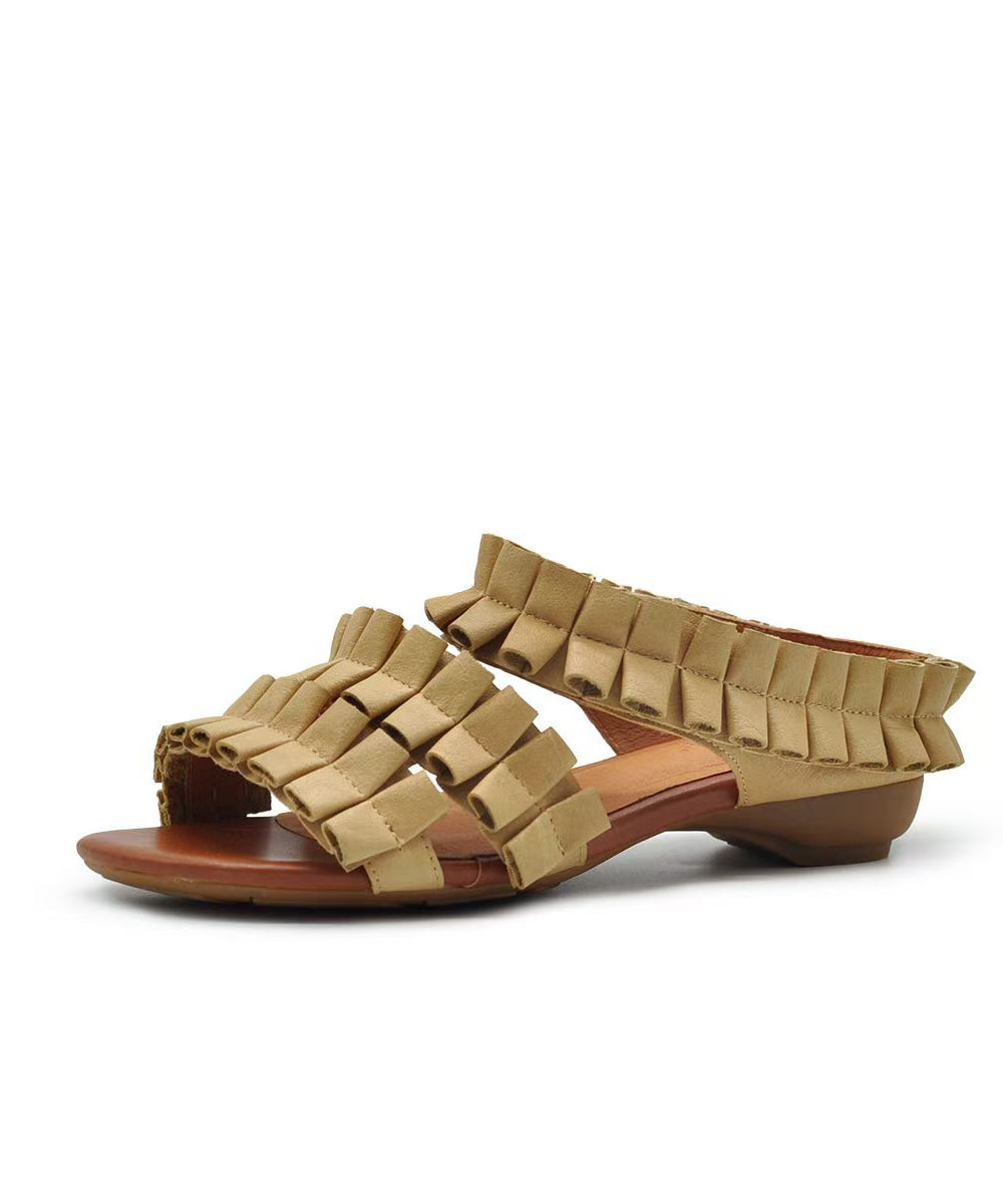 Apricot Cowhide Leather Splicing Slide Sandals Peep Toe