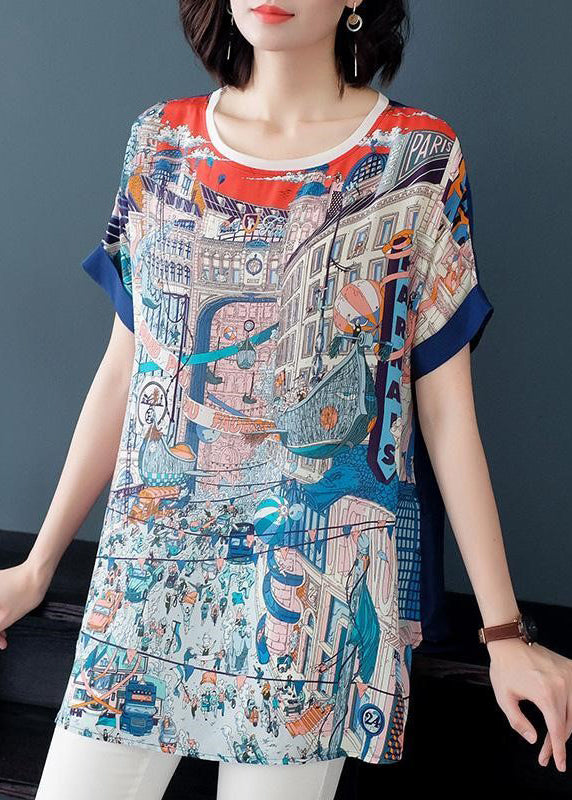 Blue O-neck Print Patchwork Chiffon Loose Tanks Short Sleeve