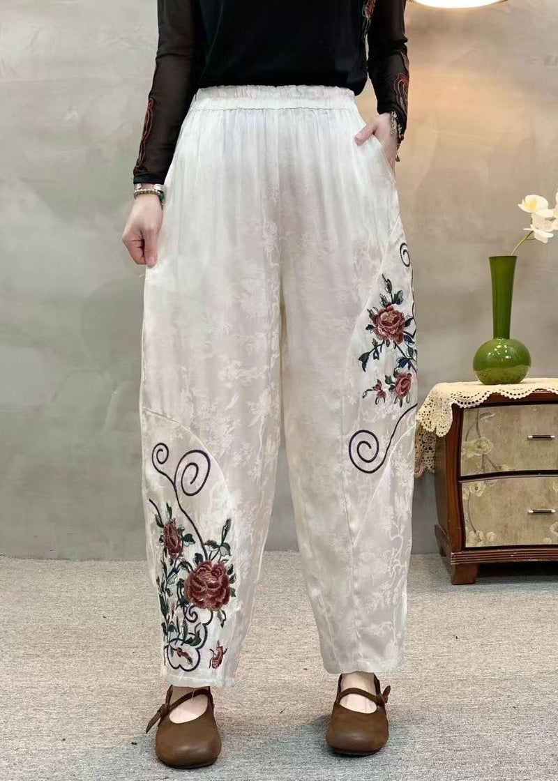 Orange Embroidered Jacquard Pockets Silk Harem Pants Spring
