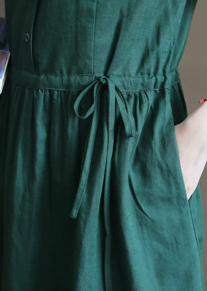 Green Drawstring Peter Pan Collar Linen Long Dress Half Sleeve