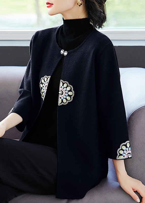 Art Navy O-neck Print Knit Coats Three Quarter Sleeve