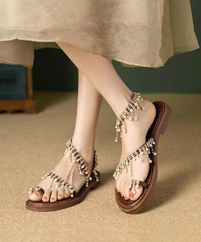Original Brown Pearl Tassel Splicing Walking Sandals