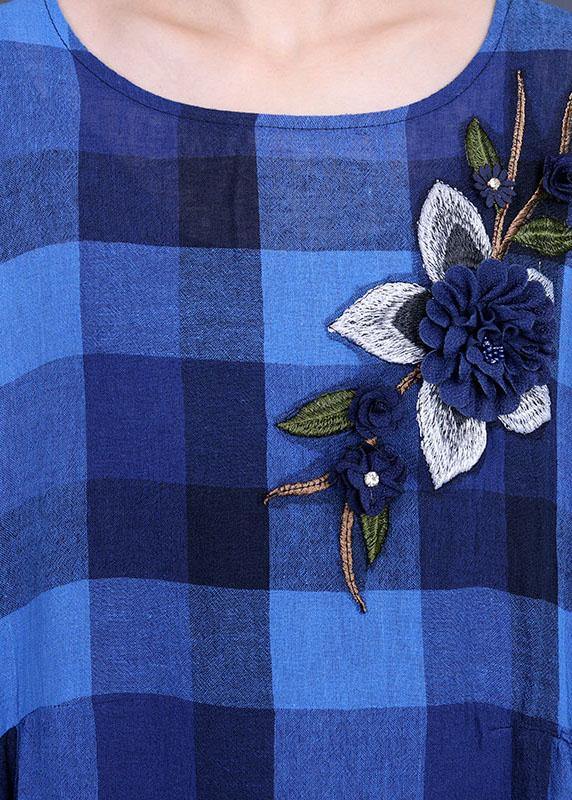 Blue Plaid Linen Embroideried Summer Long Dress