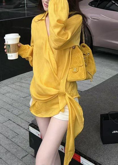 Yellow Peter Pan Collar Asymmetrical Cotton Shirts Fall